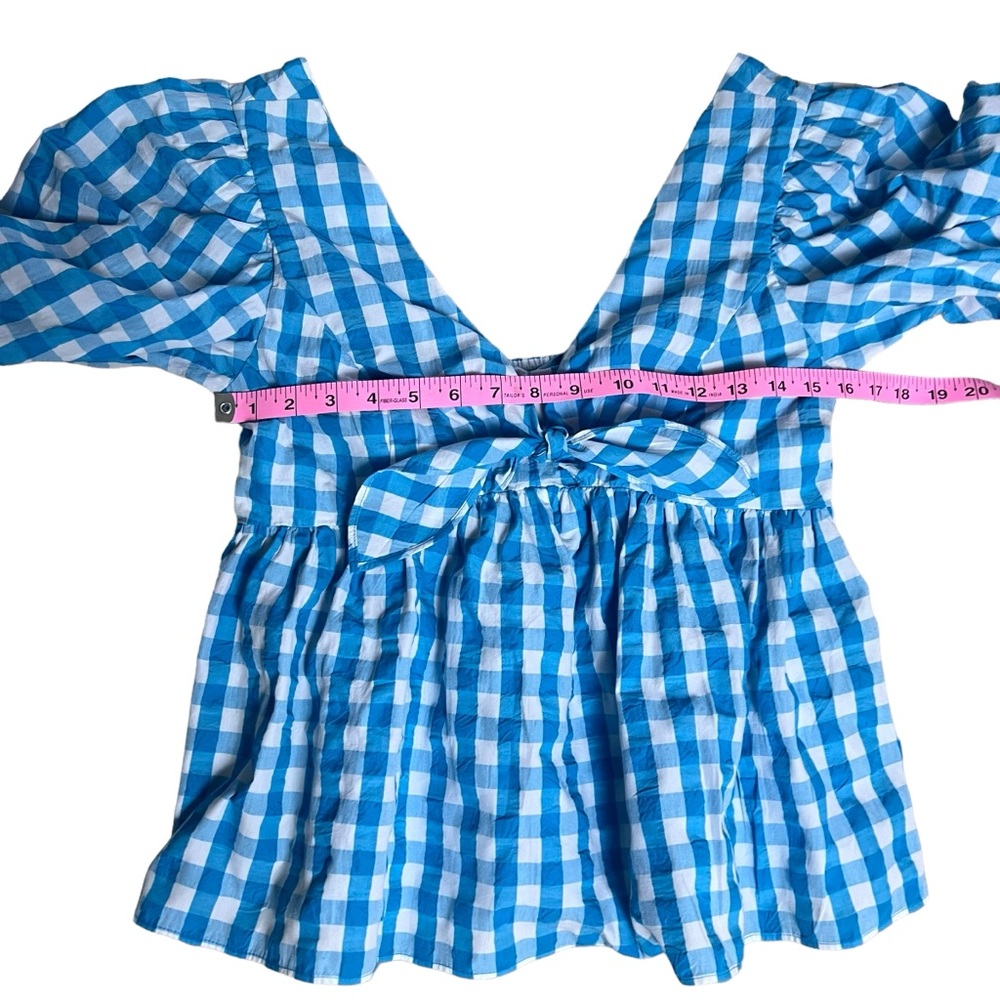 Lilly Pulitzer Sarafina Puff Sleeve Top Size 4 | Turquoise Oasis Crinkle Gingham - Picture 7 of 16
